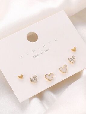 NYU NYU Korea Gold Heart Stud stack Earring Set 3 Pairs new card pearl CZ